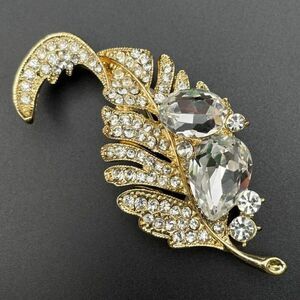 Yellow Gold with White Diamond Crystal Single Feather Pin Back Brooch